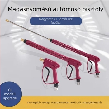 Magasnyomású autómosó pisztoly réz fejjel és műanyag fogantyúval, permetezési távolság 5–10 m, nyomásállóság 350 kg, tömeg 830 g