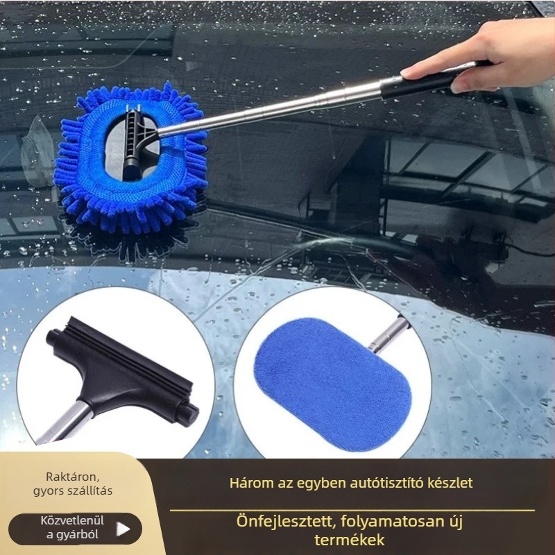 3‑in‑1 autóüveg tisztító és páramentesítő ecset, teleszkópos hátsó tükrökhez; anyagok: rozsdamentes acél, ABS, PVC