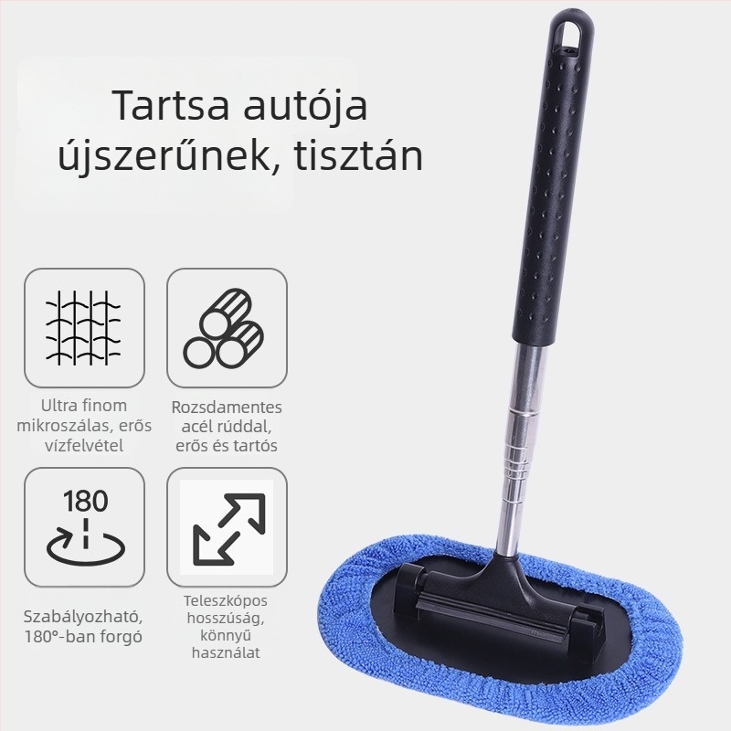 3‑in‑1 autóüveg tisztító és páramentesítő ecset, teleszkópos hátsó tükrökhez; anyagok: rozsdamentes acél, ABS, PVC