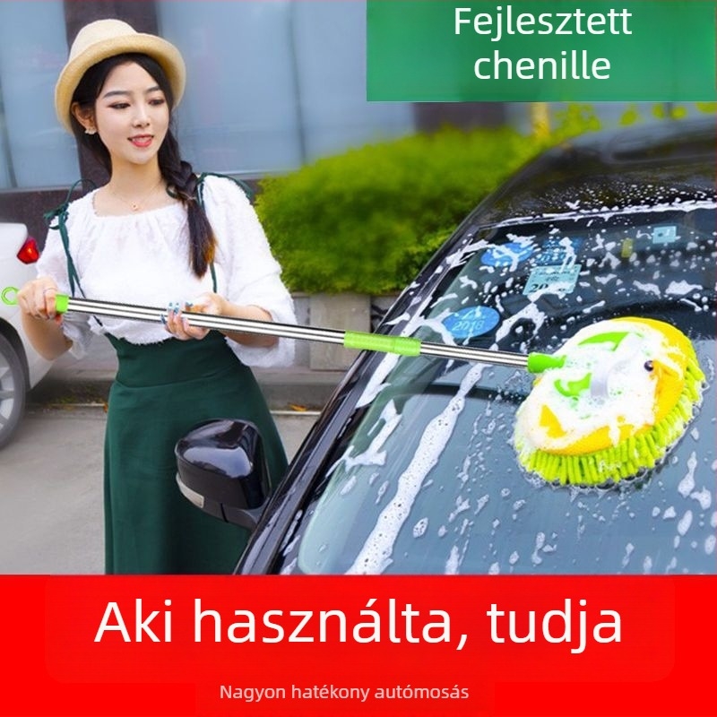 Zöld chenille autómosó mop, kihúzható teleszkópos fejjel és puha szálú tisztító kefével – Modell 15424