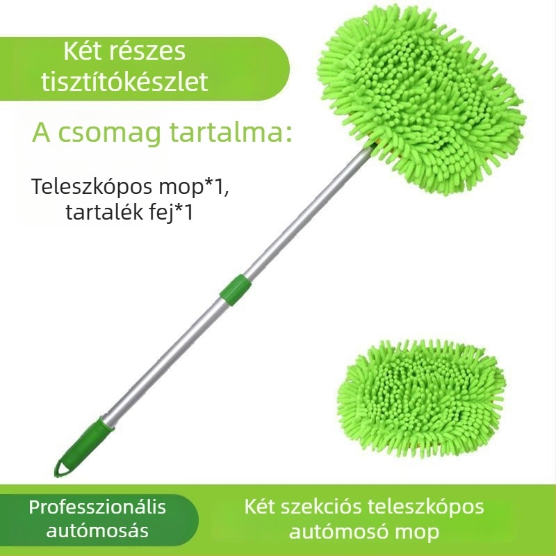Zöld chenille autómosó mop, kihúzható teleszkópos fejjel és puha szálú tisztító kefével – Modell 15424