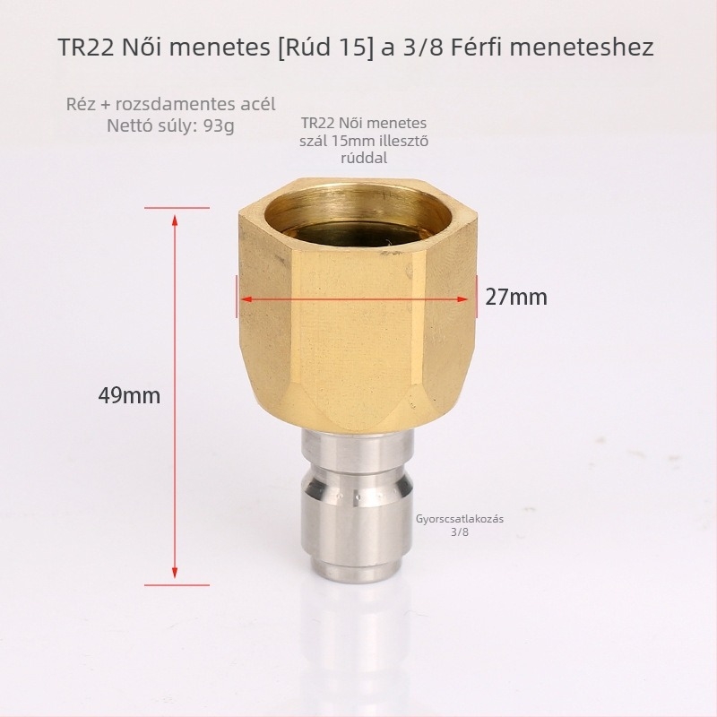 Autómosó vízpisztoly adapter — TR22-hez nagy menetes csatlakozó, fej és fogantyú rozsdamentes acélból és sárgarézből, 300 nyomás, 10 permetezési távolság