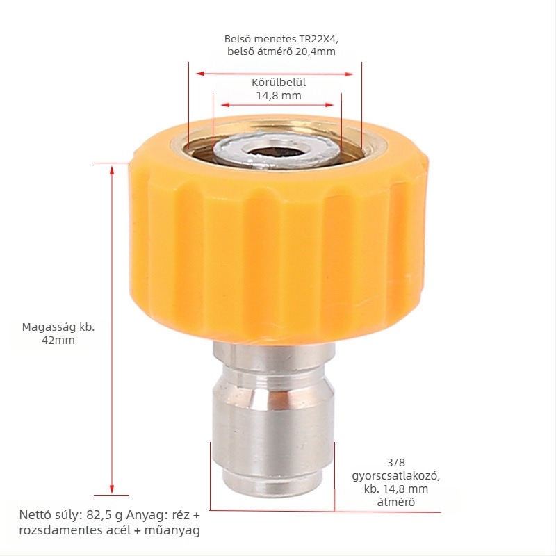 Autómosó vízpisztoly adapter — TR22-hez nagy menetes csatlakozó, fej és fogantyú rozsdamentes acélból és sárgarézből, 300 nyomás, 10 permetezési távolság