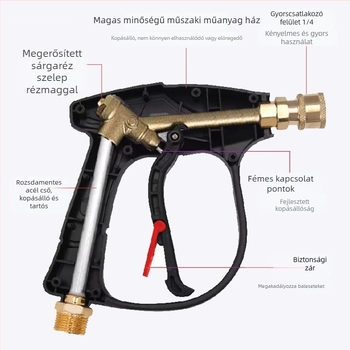 Magasnyomású autómosó spray pisztoly réz fejjel és ventilátormintás fúvóka, permetezési távolság 15–20 m, nyomás 300 kgf