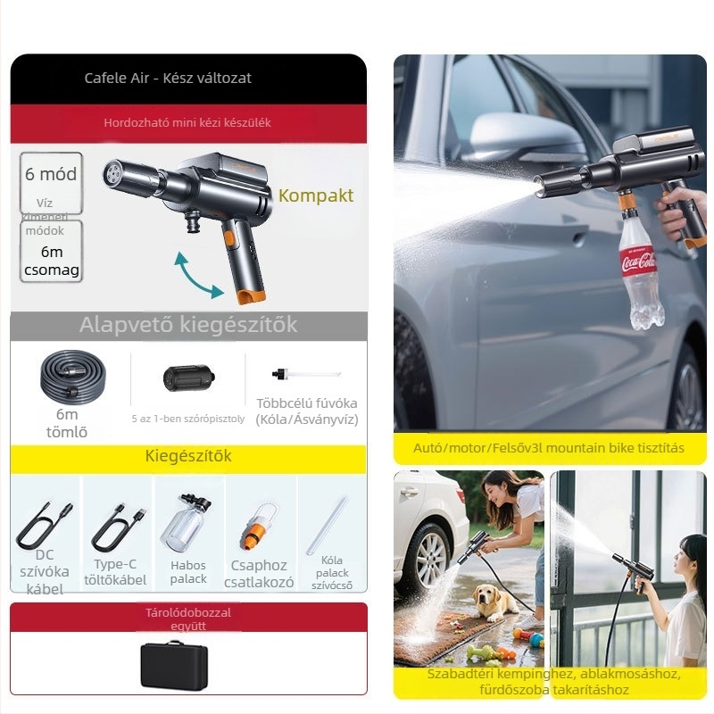 Vezeték nélküli autómosó pisztoly – ABS ház, maximális nyomás 1,7 MPa, permetezési távolság 5 m, tömlőhossz 6 m, tömeg 1,04 kg