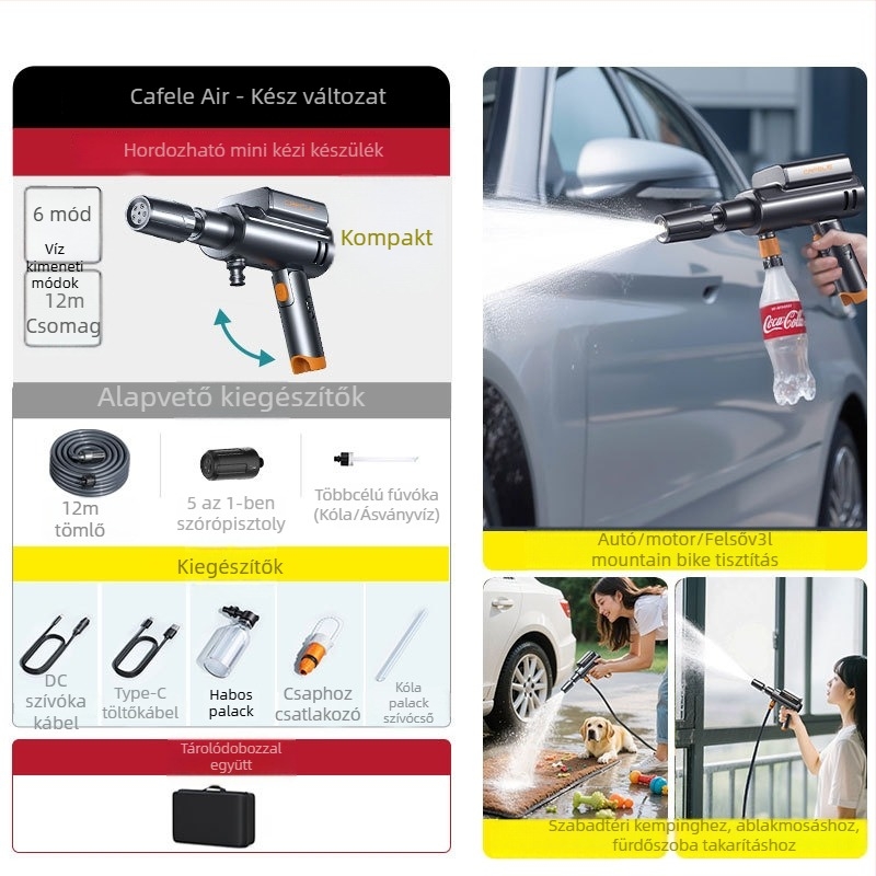 Vezeték nélküli autómosó pisztoly – ABS ház, maximális nyomás 1,7 MPa, permetezési távolság 5 m, tömlőhossz 6 m, tömeg 1,04 kg