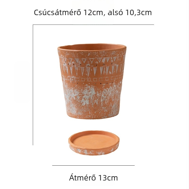 Cementből készült virágtartó, minimalistikus vintage stílus, lélegző, tartós, korrózióálló, etnikus domborított mintával, asztalra vagy padlóra.