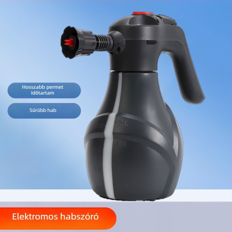 Autómosó habspray vezeték nélküli töltéssel, nagy nyomású permetező, PA anyagú testű felépítés és lítium akkumulátor, ventillátormintájú fúvóka