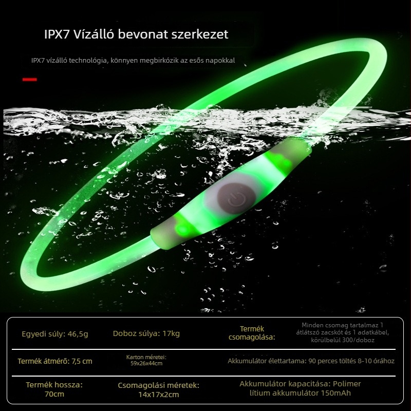 LED világító házikedvenc nyakörv USB-C töltésű, vízálló, elvesztés elleni, éjszakai láthatóság kutyáknak