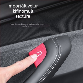 Tesla Model Y/Model 3 ajtókapcsoló gombjához készült velúr belső patch (új verzió) – anyag: velúr; kompatibilitás: Model Y/Model 3; logó nyomtatás lehetséges; testreszabás