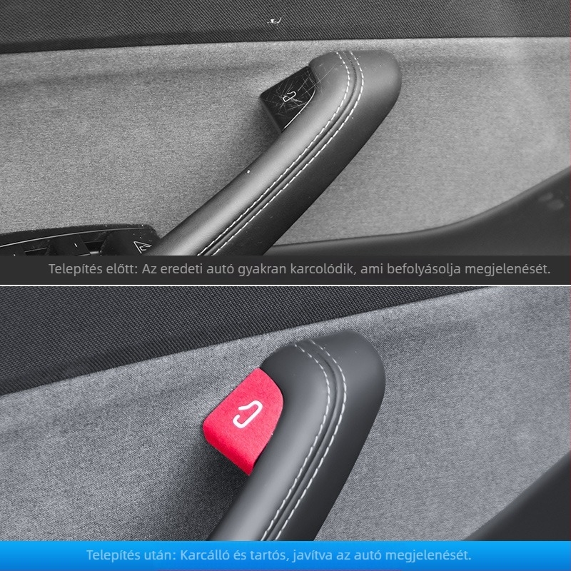 Tesla Model Y/Model 3 ajtókapcsoló gombjához készült velúr belső patch (új verzió) – anyag: velúr; kompatibilitás: Model Y/Model 3; logó nyomtatás lehetséges; testreszabás