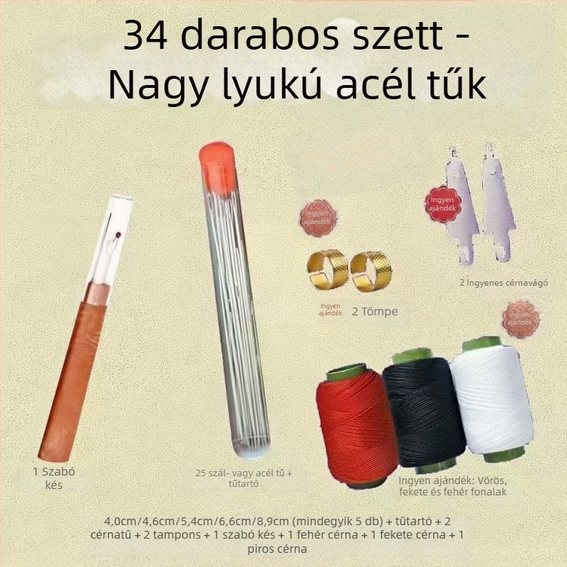 34 darabos rozsdamentes acél varrótűk készlet, nagy szemű, háztartási használatra