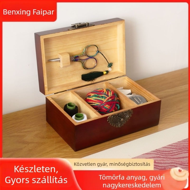 Fából készült varródoboz szett kivágott retro mintával, keresztszemes varró eszközök tárolására