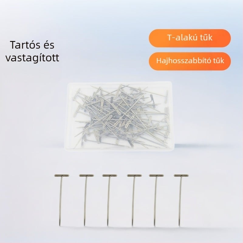 T-alakú tű parókákhoz, 38/51 mm – pozícionáló tű hajhosszabbításhoz, rögzítés a sablonhoz, műanyag dobozban