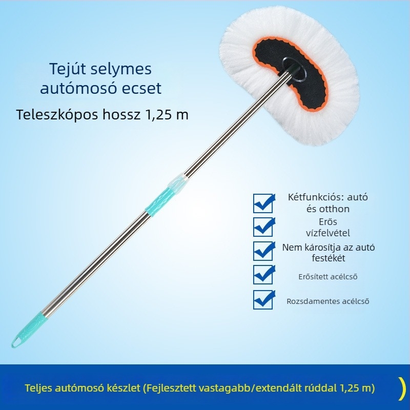 Autómosáshoz készült mop tej-selyem sörtékkel, rozsdamentes acél teleszkópos rúddal, hosszú nyél, testreszabható lehetőségek