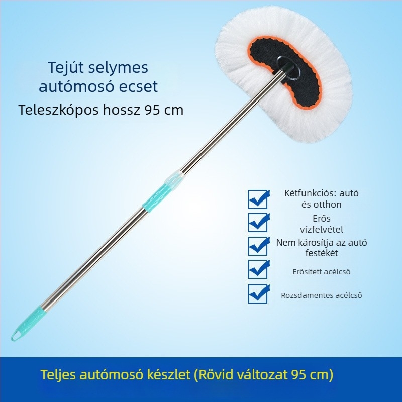 Autómosáshoz készült mop tej-selyem sörtékkel, rozsdamentes acél teleszkópos rúddal, hosszú nyél, testreszabható lehetőségek