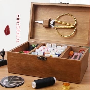 Fából készült varrótűkészlet dobozban – hordozható, többfunkciós, tű és cérna készlet