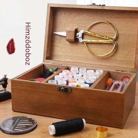 Fából készült varrótűkészlet dobozban – hordozható, többfunkciós, tű és cérna készlet