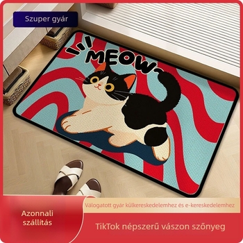 Lenvászon padlómatrac macska-karikatúra mintával, nedvszívó, csúszásmentes, gyorsan száradó, négyzet alakú fürdőszobába