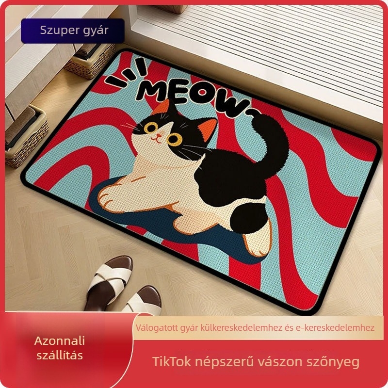 Lenvászon padlómatrac macska-karikatúra mintával, nedvszívó, csúszásmentes, gyorsan száradó, négyzet alakú fürdőszobába
