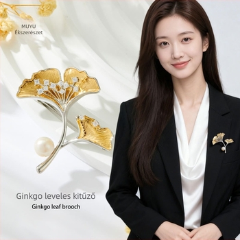 Ginkgo levél gyöngy brooch, rézötvözet, csiszolt felület, cirkóni bevésés, uniszex