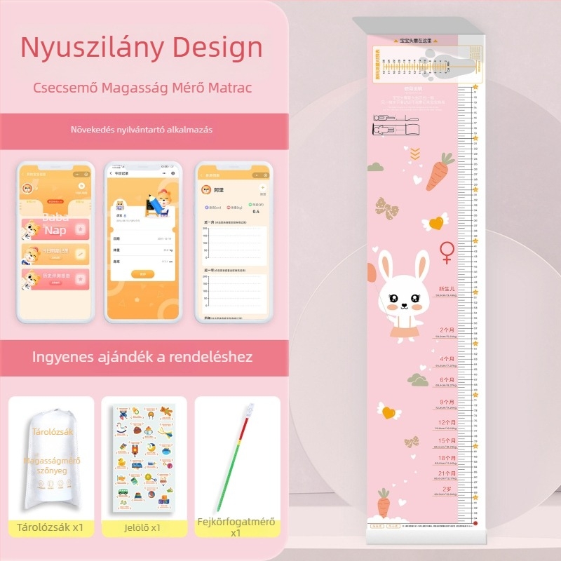 Babamagasság mérő matrac tároló táskával és matricákkal, rajzfilmszerű dizájn, testreszabható, mosható PVC, négyzet alakú