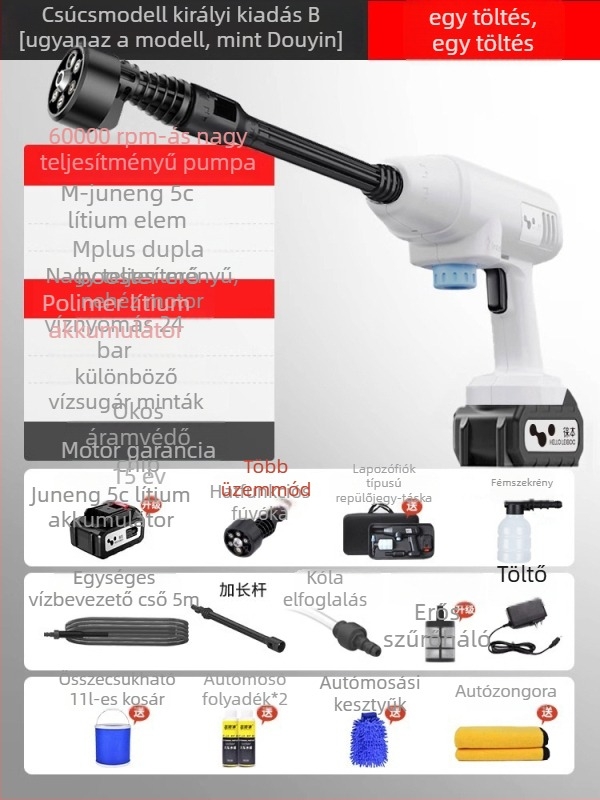 Autómosó magasnyomású vízszóró, hordozható vezeték nélküli, 21V Li-ion akkumulátor, 600W, 2.5–25 MPa, 2.6–4.0 L/min, 5 m kimeneti tömlő