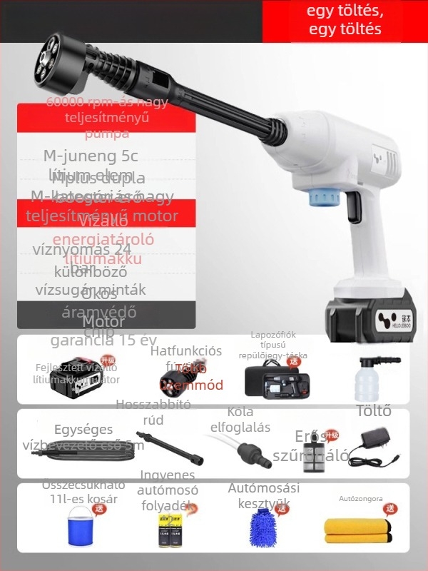 Autómosó magasnyomású vízszóró, hordozható vezeték nélküli, 21V Li-ion akkumulátor, 600W, 2.5–25 MPa, 2.6–4.0 L/min, 5 m kimeneti tömlő