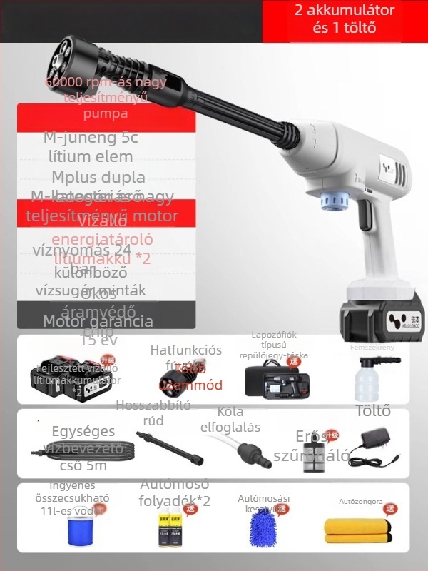 Autómosó magasnyomású vízszóró, hordozható vezeték nélküli, 21V Li-ion akkumulátor, 600W, 2.5–25 MPa, 2.6–4.0 L/min, 5 m kimeneti tömlő