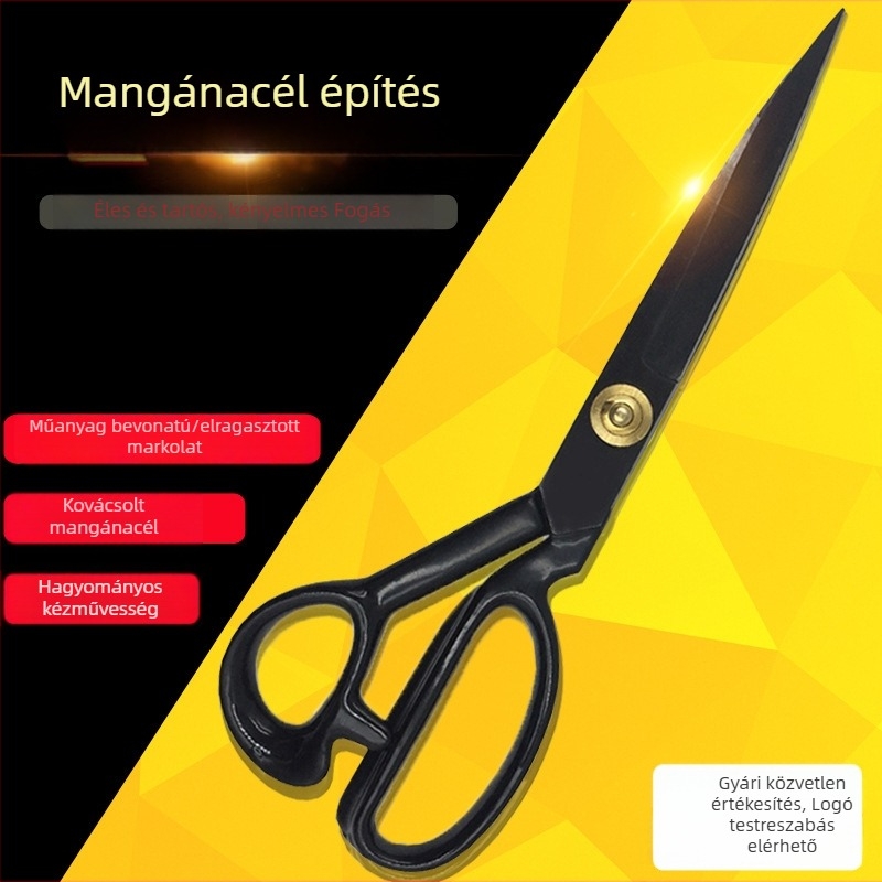 Kovácsolt mangánacélból készült varróolló, fekete fényes bevonat, PVC markolat, egyenes fej, hagyományos él