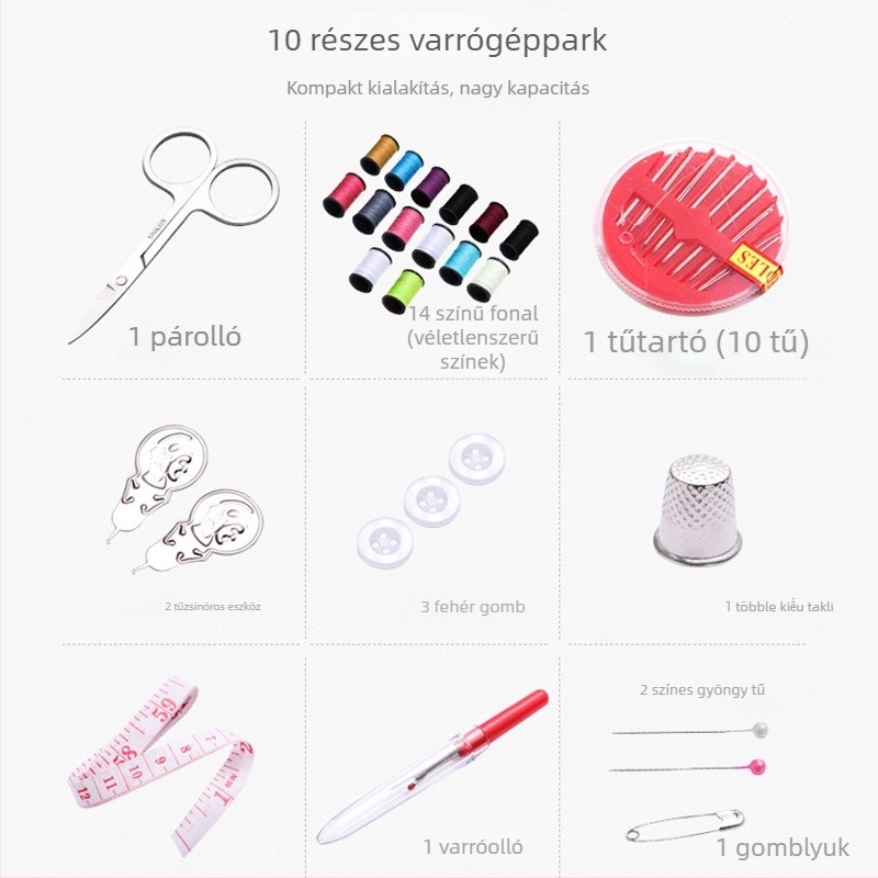 Hordozható varrókészlet dobozban, 10 darabos készlet, testreszabható, letisztult minimalistikus és könnyed luxus stílus