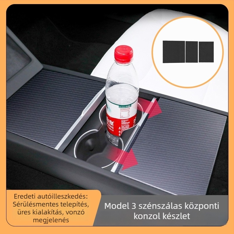 Autó belső dekoráció: Szénszálas központi konzol panellapok a Tesla Model 3-hoz, három darabos készlet, öntapadós felület