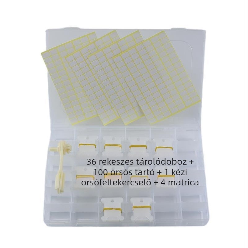Műanyag varrótároló doboz 26 rekesszel, keresztszemes tekerőlemez, kézi tekerőgép, testreszabható opciók