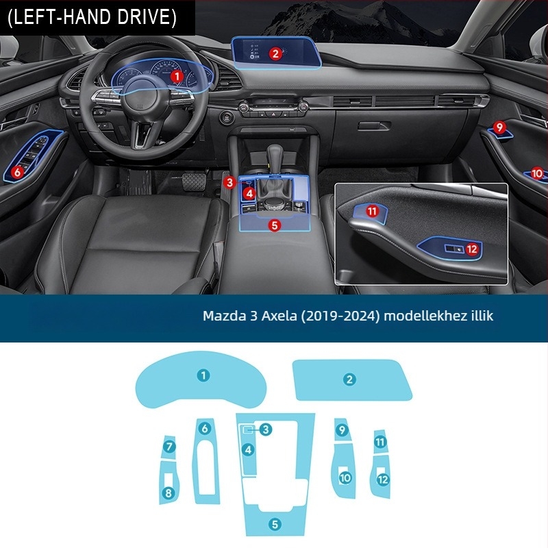 TPU belső védőfilm Mazda 3 Axela 2019-2024 – átlátszó, szennyeződés és karcolás elleni védelem