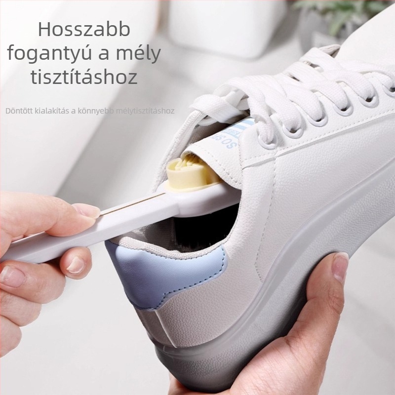 Cipőtisztító kefe, kétoldalas, hosszú nyéllel, ABS + Soft Glue; gondozás, szagtalanítás és dekontamináció; velúr tisztítása
