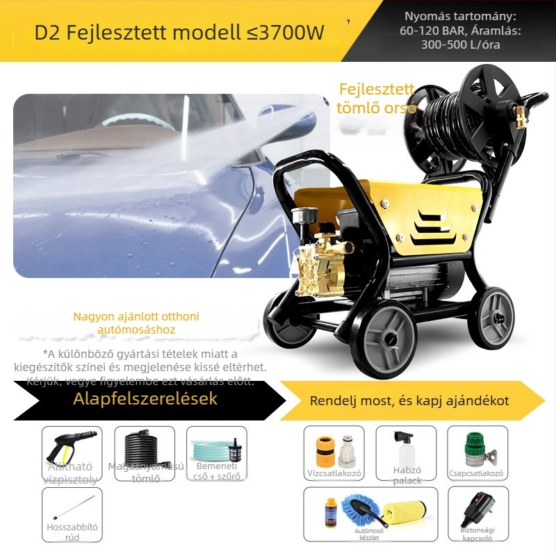 Háztartási magasnyomású tisztító, 2200 W, 220 V, max nyomás 130 bar, áramlás 9 L/min, tömeg 14 kg