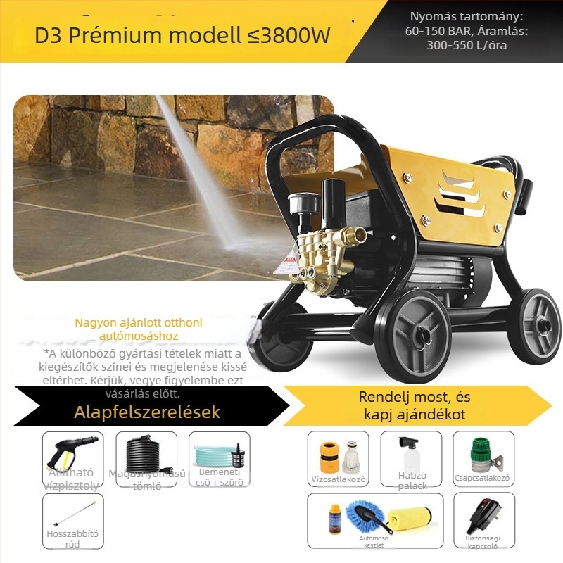 Háztartási magasnyomású tisztító, 2200 W, 220 V, max nyomás 130 bar, áramlás 9 L/min, tömeg 14 kg