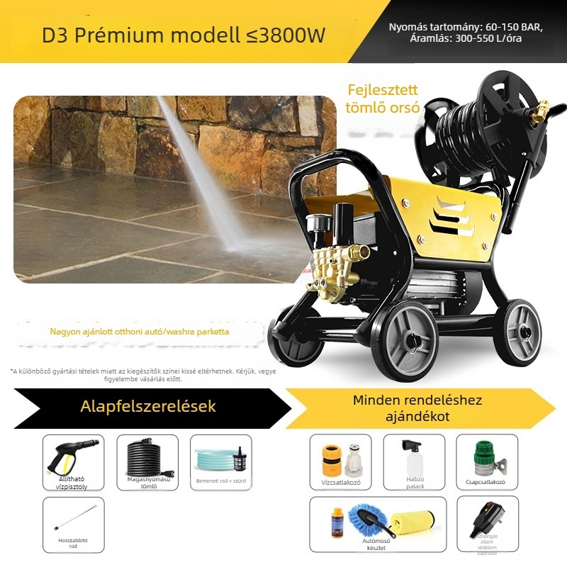 Háztartási magasnyomású tisztító, 2200 W, 220 V, max nyomás 130 bar, áramlás 9 L/min, tömeg 14 kg