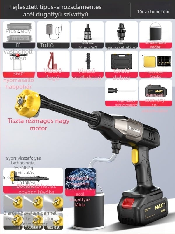 Ház körüli vezeték nélküli autómosó rendszer, nagynyomású pisztollyal, Li-ion akkumulátorral, névleges nyomás 2,5–25 MPa