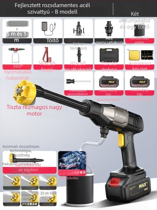 Ház körüli vezeték nélküli autómosó rendszer, nagynyomású pisztollyal, Li-ion akkumulátorral, névleges nyomás 2,5–25 MPa