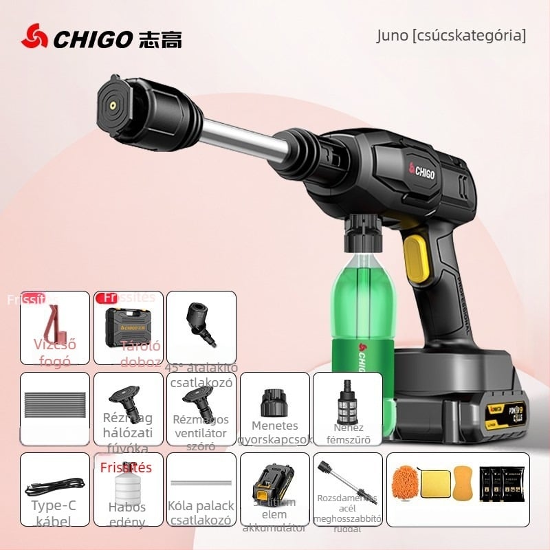 Ház körüli vezeték nélküli autómosó rendszer, nagynyomású pisztollyal, Li-ion akkumulátorral, névleges nyomás 2,5–25 MPa