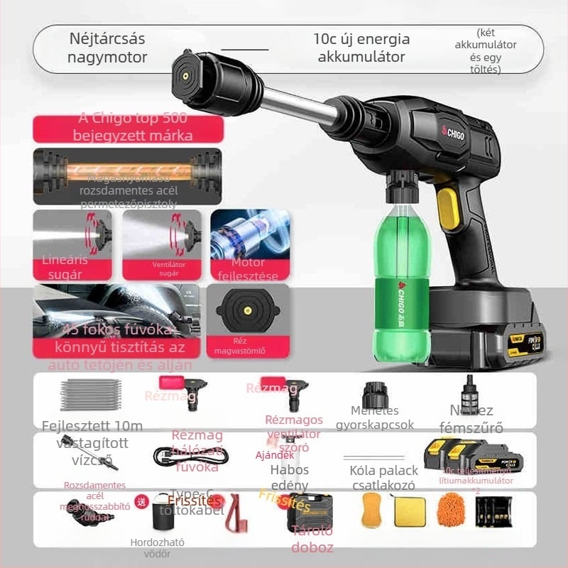 Ház körüli vezeték nélküli autómosó rendszer, nagynyomású pisztollyal, Li-ion akkumulátorral, névleges nyomás 2,5–25 MPa