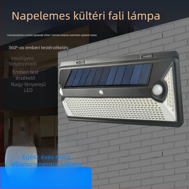 Napelemes LED lámpa, 360 LED-es, kettős mozgásérzékelővel, kültéri falikar kerthez