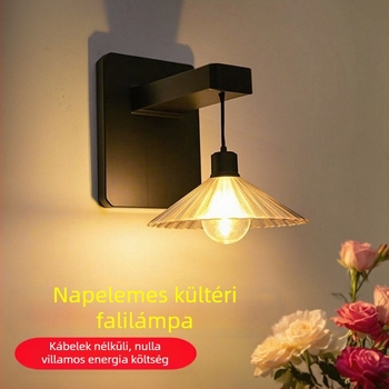 Napelemes kültéri falikar, modell YJ025, IP65 vízálló, meleg fény, 5 W alatt