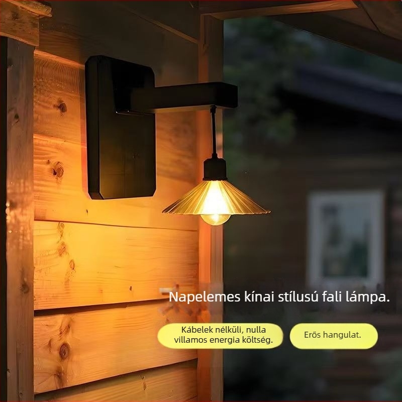 Napelemes kültéri falikar, modell YJ025, IP65 vízálló, meleg fény, 5 W alatt
