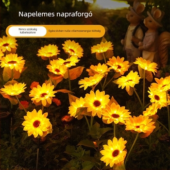 Napelemes LED lámpa napraforgó formában, kültéri kerthez és pázsithoz, dekoratív világítás földbe szúrt talppal
