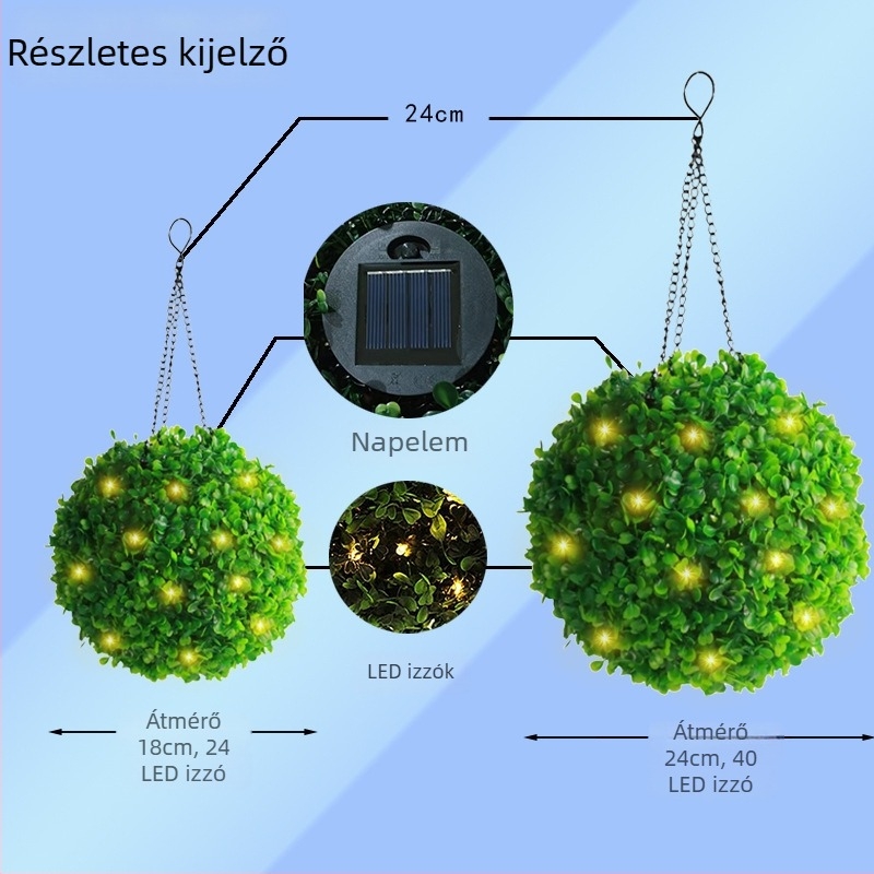 Napelemes fűgömb alakú fényfüzér kültéri kerthez, udvarhoz vagy parkhoz