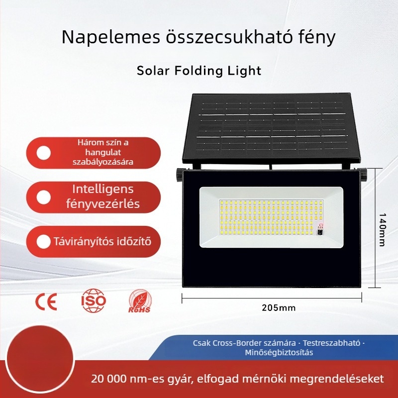 Napelemes összecsukható falikar mozgásérzékelővel, 24V, 88 LED, IP65, élettartam 50000 óra