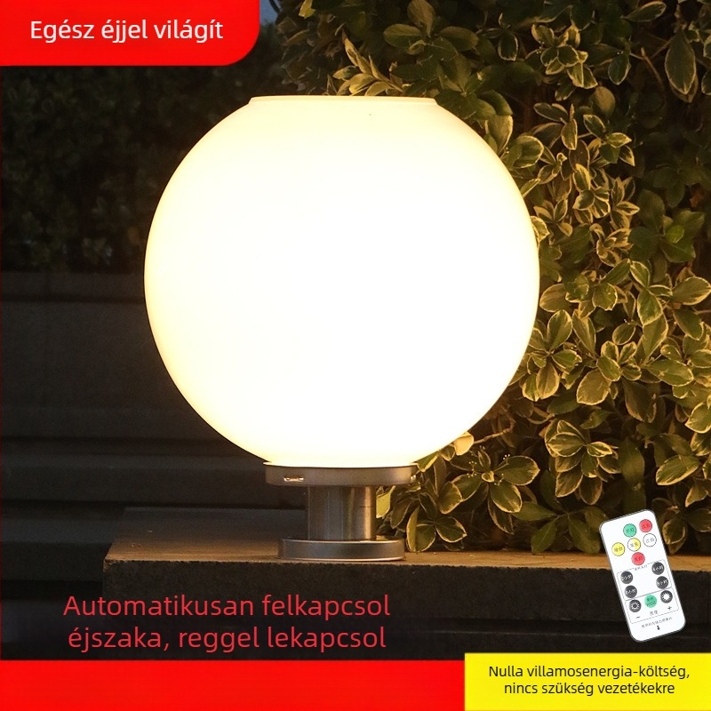 Kerek napelemes oszloplámpa kültéri használatra - vízálló LED lámpa kerthez, kapuhoz és falhoz