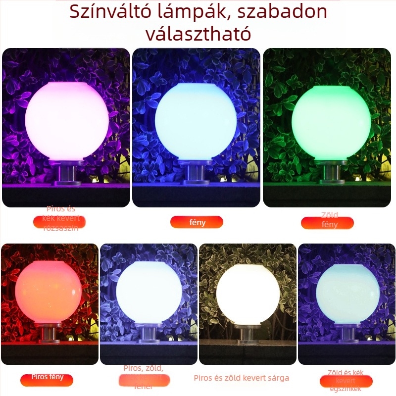 Kerek napelemes oszloplámpa kültéri használatra - vízálló LED lámpa kerthez, kapuhoz és falhoz